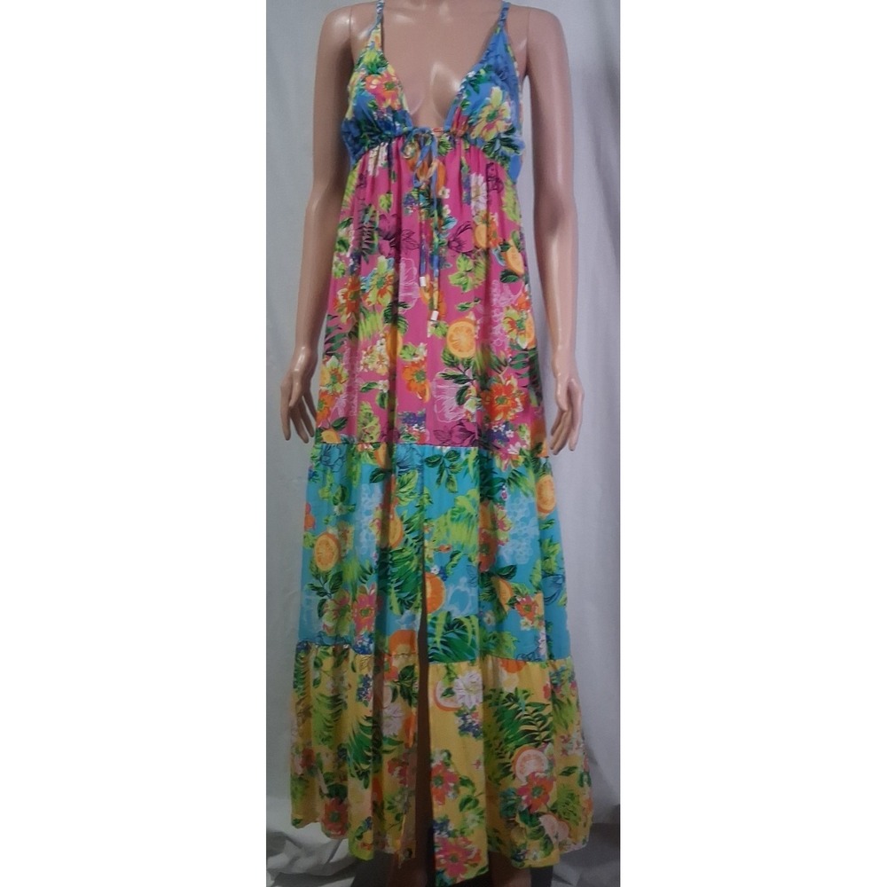 Bar III Women's Summer Spritz Sleeveless V-Neck Tiered Maxi Dress Size Small‎
